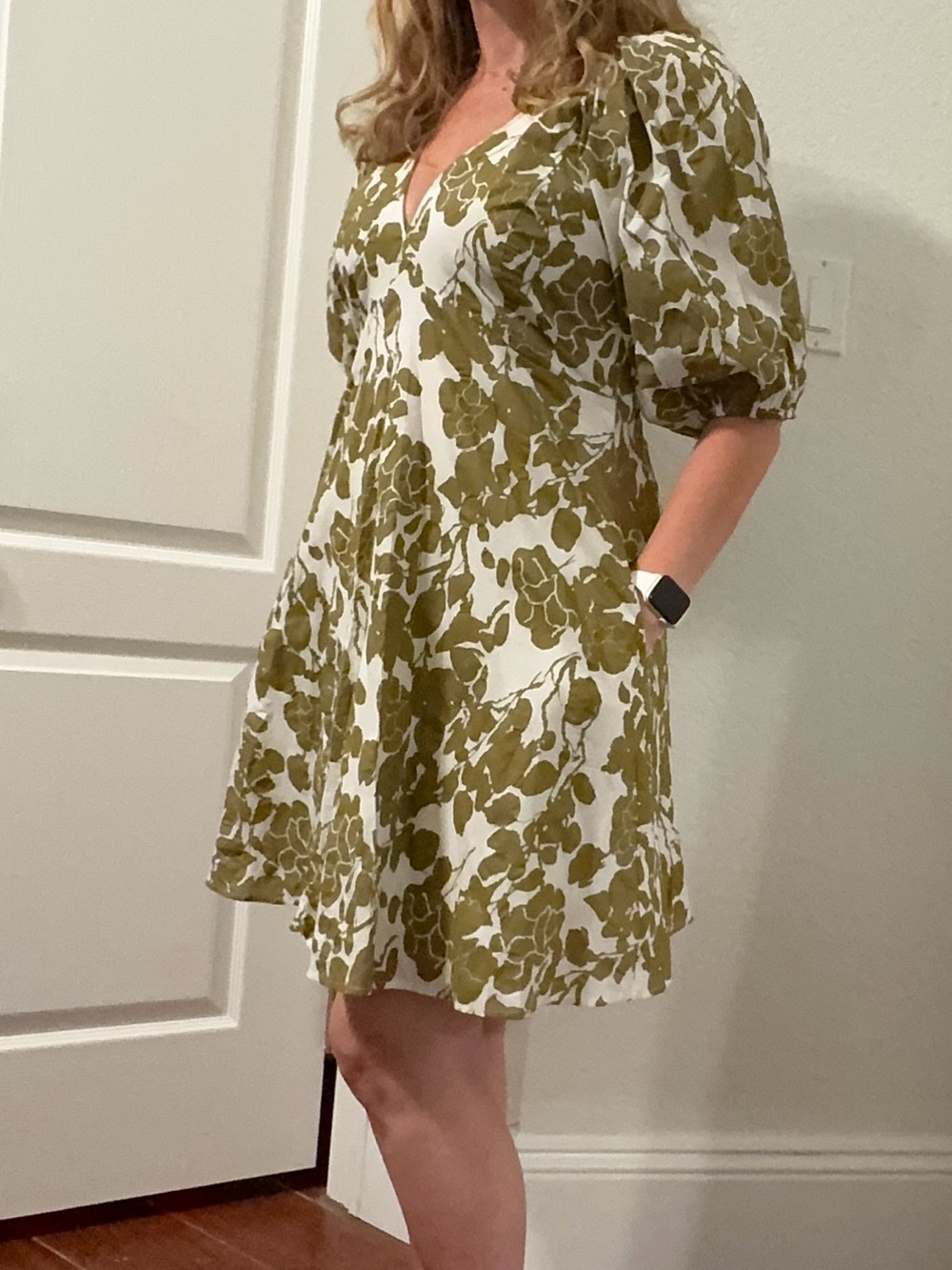 Lucy Paris Olive Azalea Floral V-Neck Puff Sleeve Mini Dress with Pockets